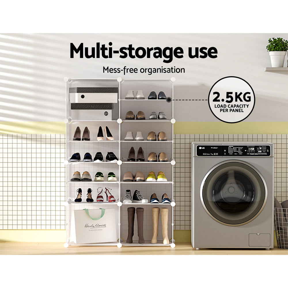 White modular cube shoe cabinet loaded with shoes in laundry room setting with 2.5kg load capacity per panel text