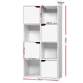 White 8-cube storage shelf dimensions: 119cm tall, 60cm wide, 29.5cm deep, large cubes 28x28cm, smaller cubes 27.5cm