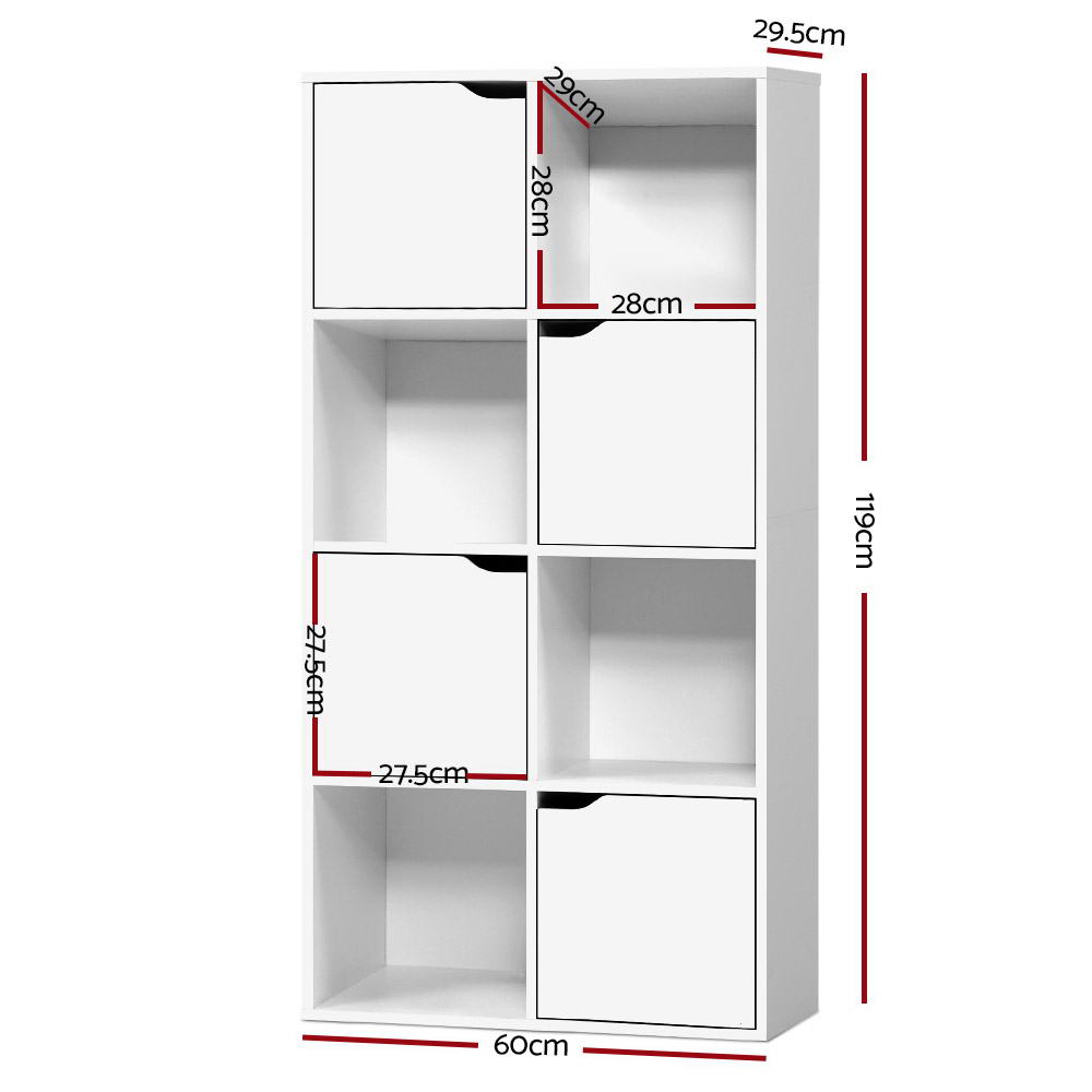 White 8-cube storage shelf dimensions: 119cm tall, 60cm wide, 29.5cm deep, large cubes 28x28cm, smaller cubes 27.5cm
