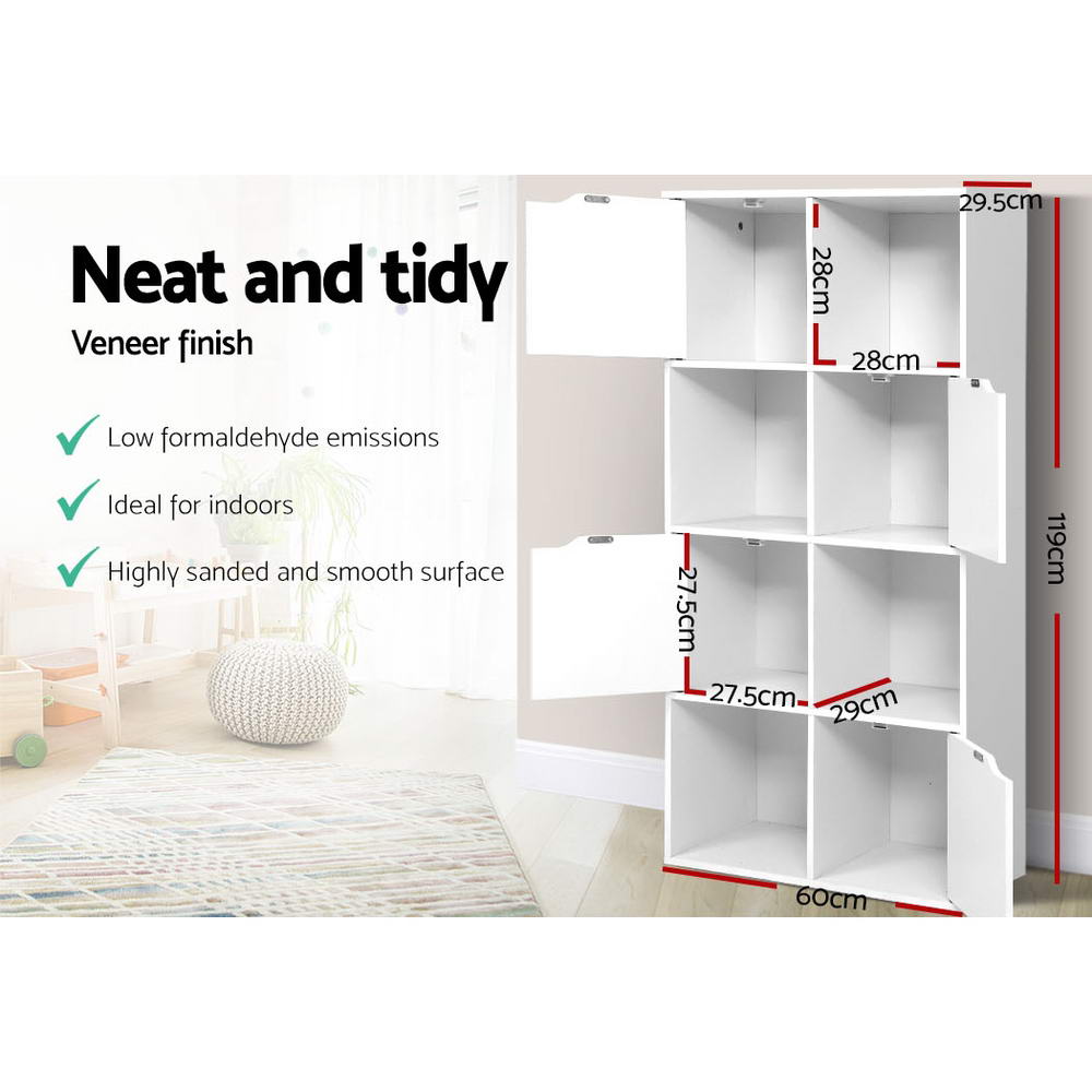 White 8-cube shelf with doors open showing dimensions; text highlights veneer finish, low formaldehyde, 119cm tall, 60cm wide