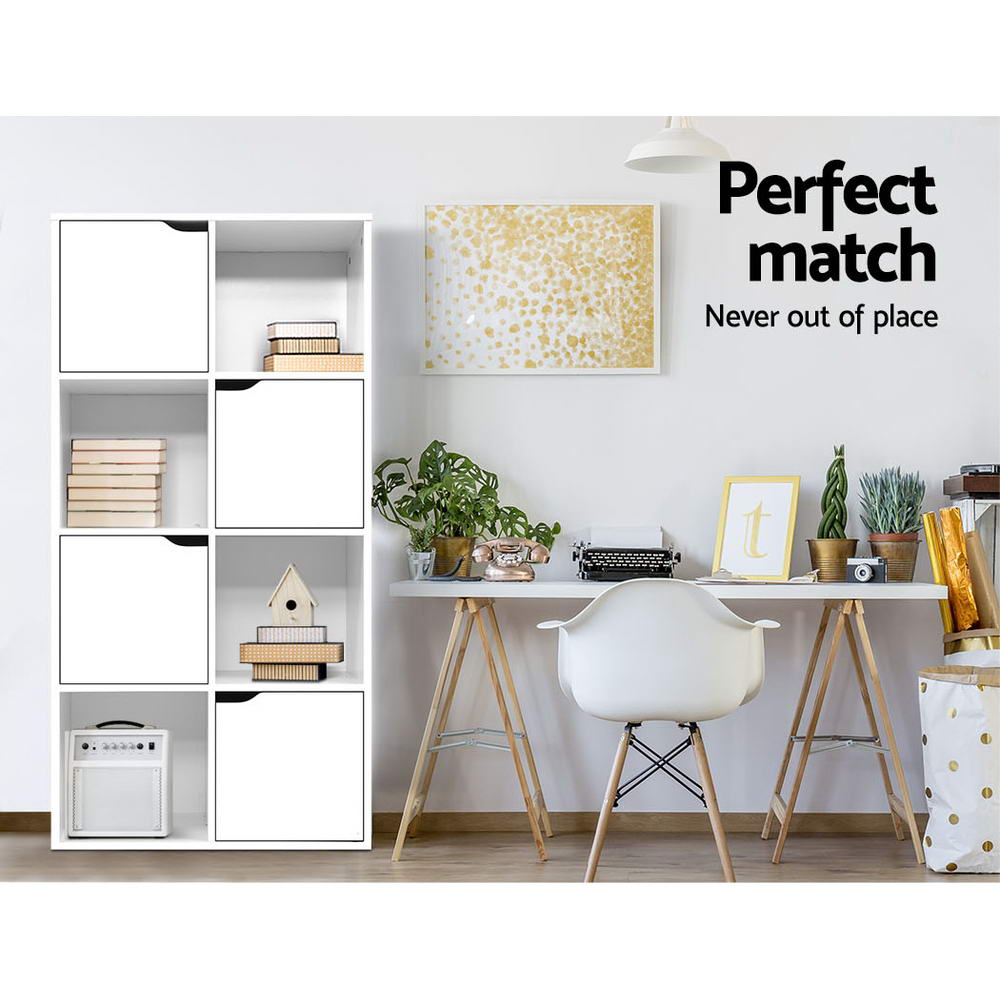 White 8-cube storage shelf with books and decorative items in home office scene; text overlay reads Perfect match
