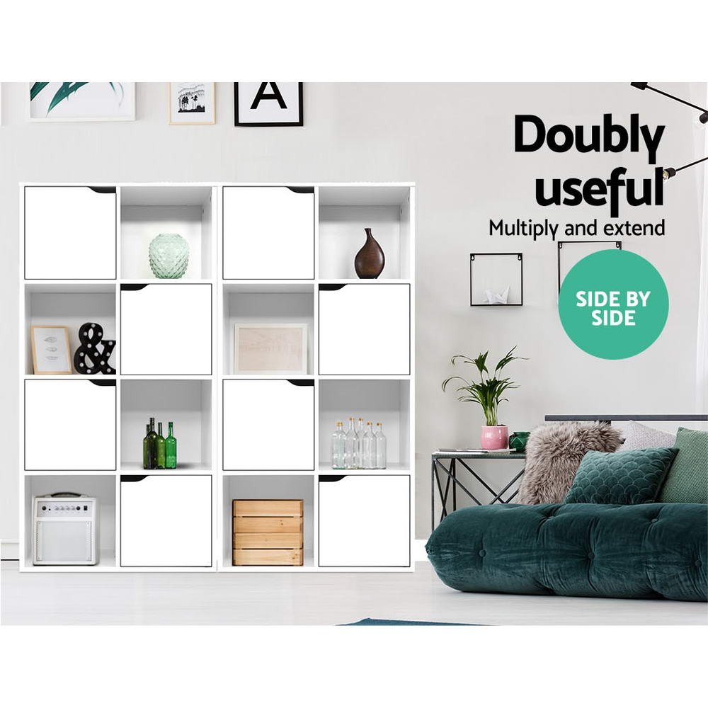Two white 8-cube storage shelves placed side by side in living room with green sofa; text reads Doubly useful
