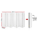 White 8-panel fabric grid room divider dimension diagram 348cm wide 178.5cm tall 43.5cm panel with foldable compact view