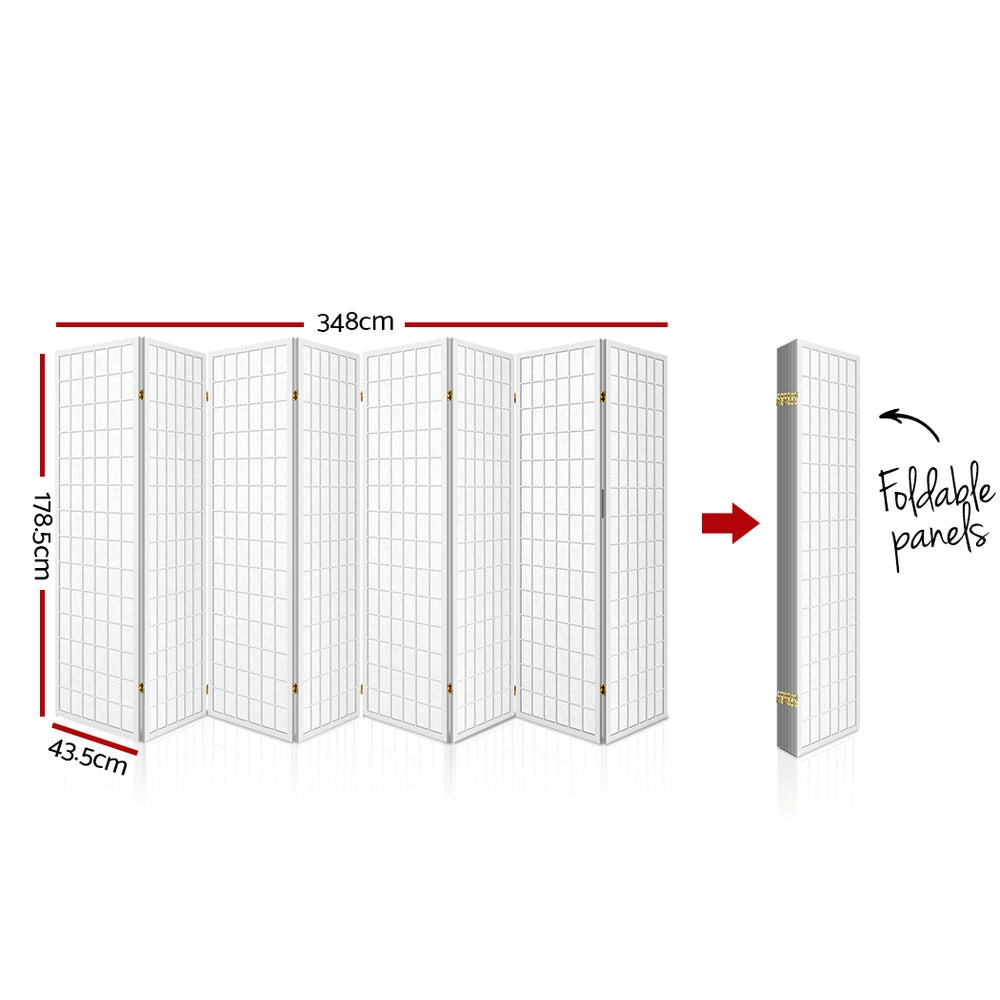 White 8-panel fabric grid room divider dimension diagram 348cm wide 178.5cm tall 43.5cm panel with foldable compact view
