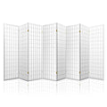 White 8-panel fabric grid room divider flat open front view on white background with gold hinges and white wood frame