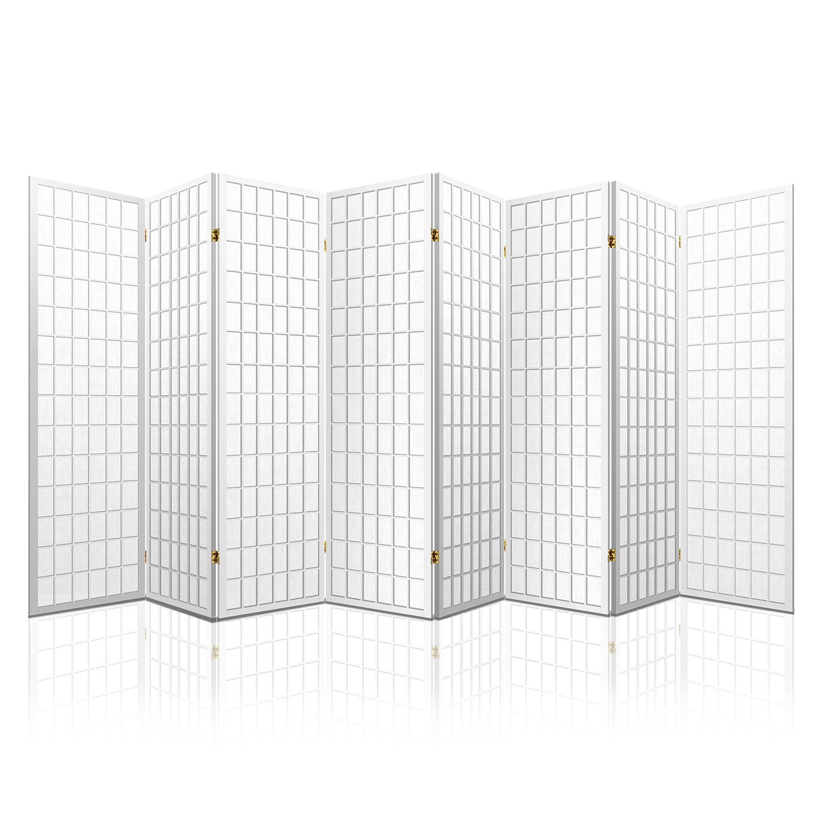 White 8-panel fabric grid room divider flat open front view on white background with gold hinges and white wood frame