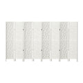 White 8-panel geometric cutout MDF room divider front view on white background with gold hinges and white feet