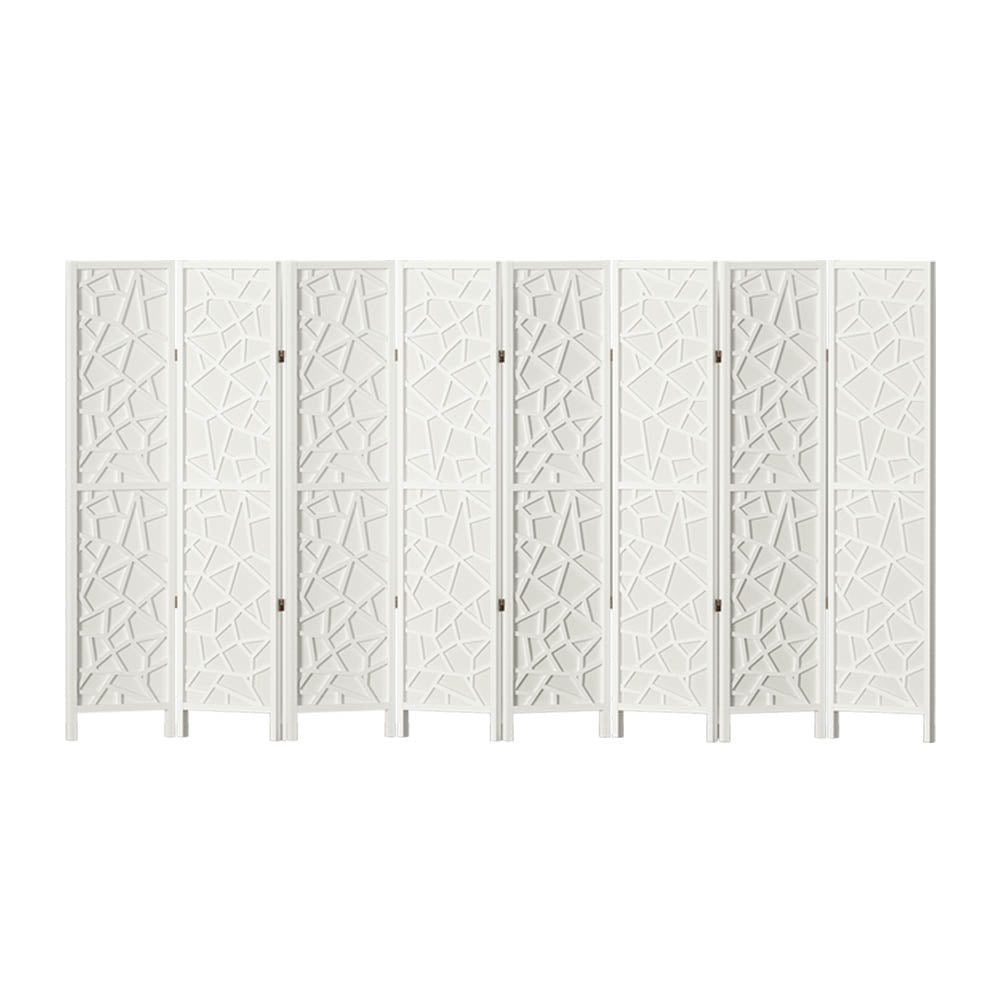 White 8-panel geometric cutout MDF room divider front view on white background with gold hinges and white feet