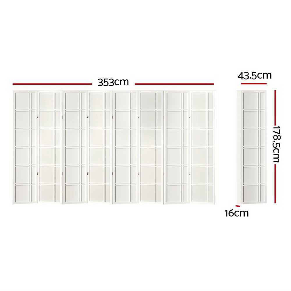 White 8-panel grid pattern shoji room divider dimension diagram 353cm wide 178.5cm tall 43.5cm panel and 16cm depth