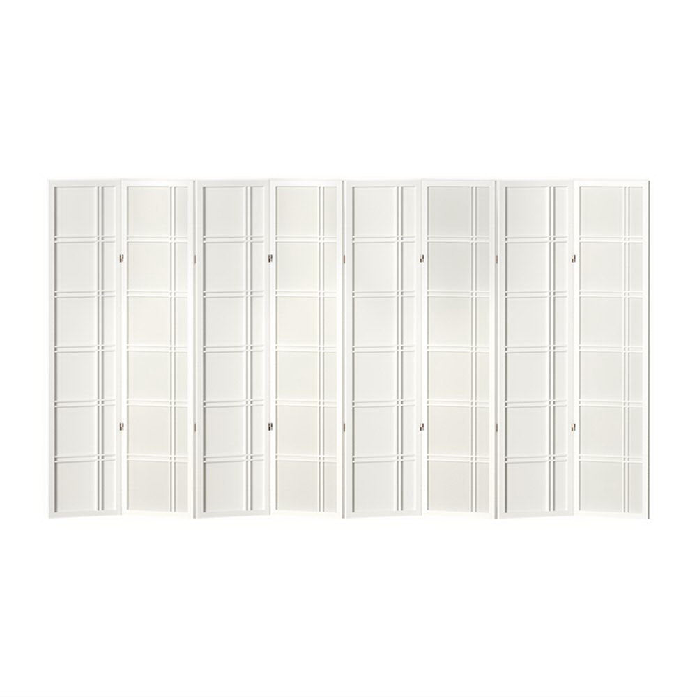 White 8-panel grid pattern shoji room divider flat front view on white background with rice paper panels and hinges