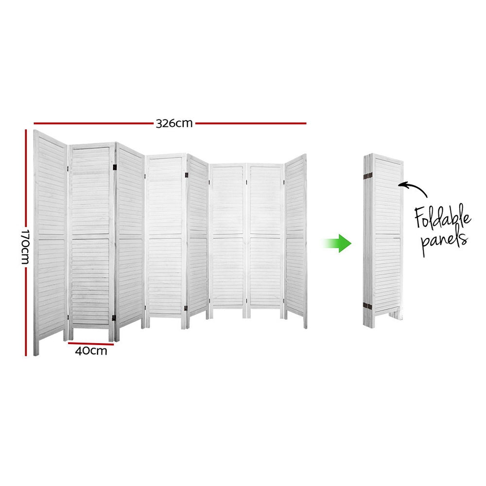 White 8-panel louvered wood room divider dimension diagram 326cm wide 170cm tall 40cm depth with foldable compact view