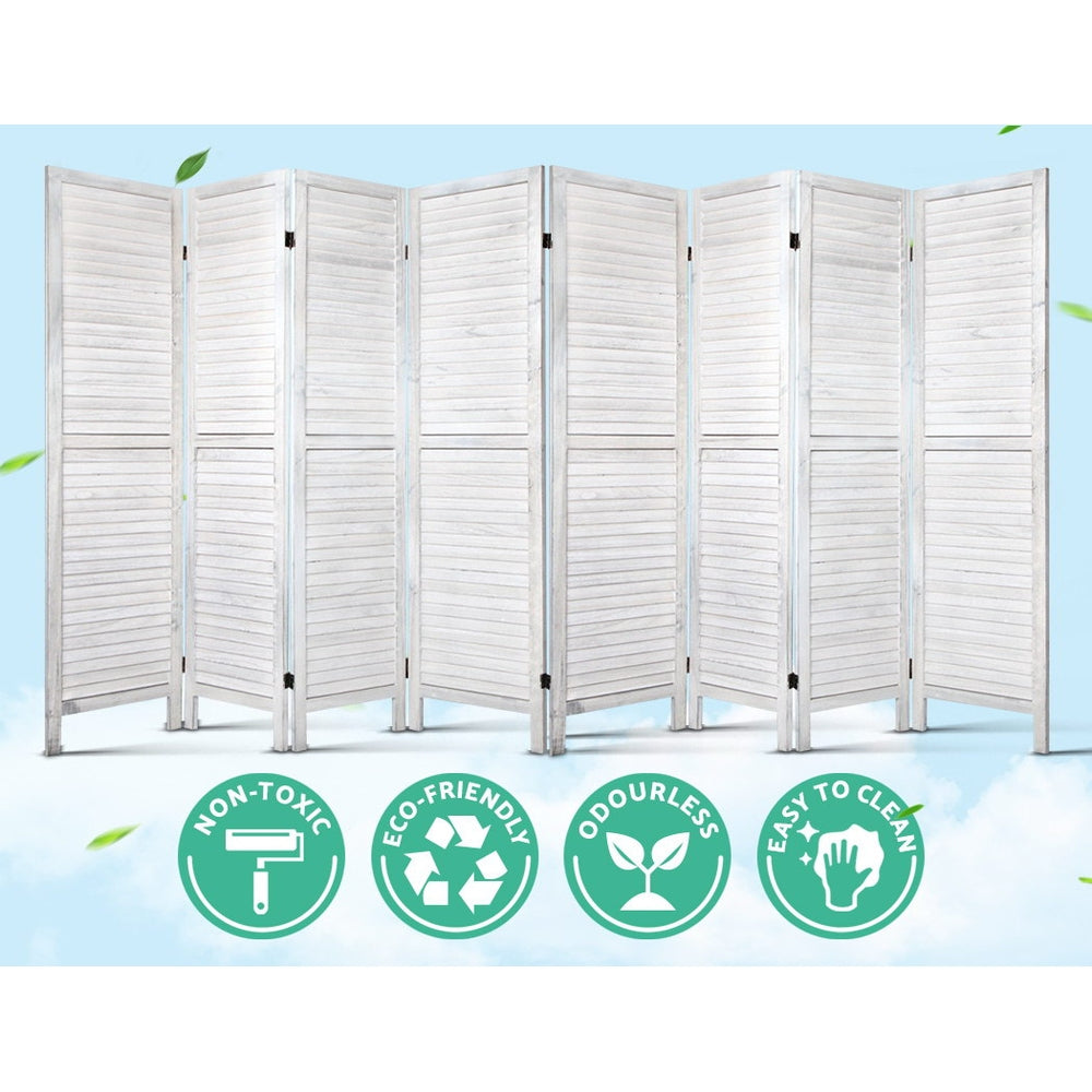 White 8-panel louvered wood room divider with eco-friendly non-toxic odourless and easy-to-clean badges on blue sky