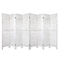 White 8-panel louvered wood room divider flat open front view on white background with horizontal wood slat panels