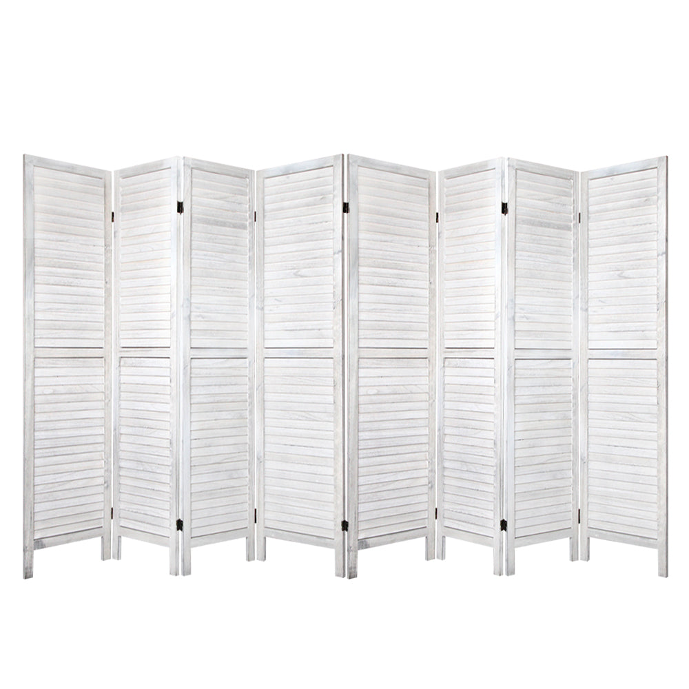 White 8-panel louvered wood room divider flat open front view on white background with horizontal wood slat panels
