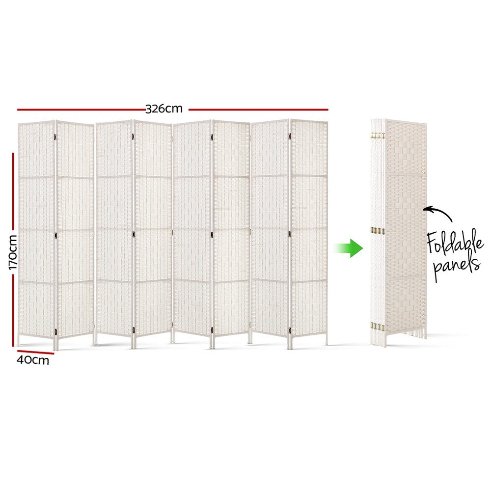 White 8-panel woven paper rope room divider dimension diagram 326cm wide 170cm tall 40cm depth with foldable compact storage