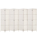 White 8-panel woven paper rope room divider flat front view on white background with white woven panels and silver hinges