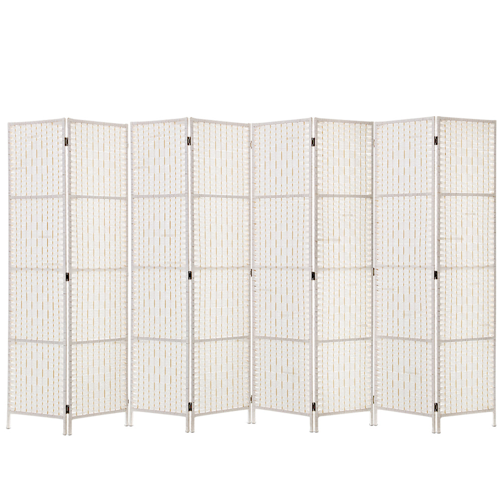 White 8-panel woven paper rope room divider flat front view on white background with white woven panels and silver hinges