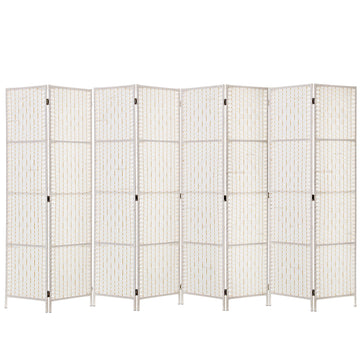 White 8-panel woven paper rope room divider flat front view on white background with white woven panels and silver hinges