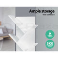 White tree bookcase close-up showing diagonal shelves; text reads Ample storage, wide backboard, 9 tiers, 5 kg per tier