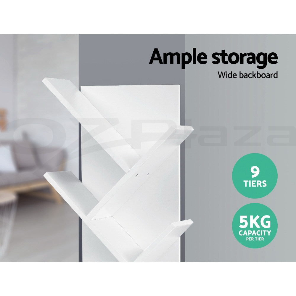 White tree bookcase close-up showing diagonal shelves; text reads Ample storage, wide backboard, 9 tiers, 5 kg per tier