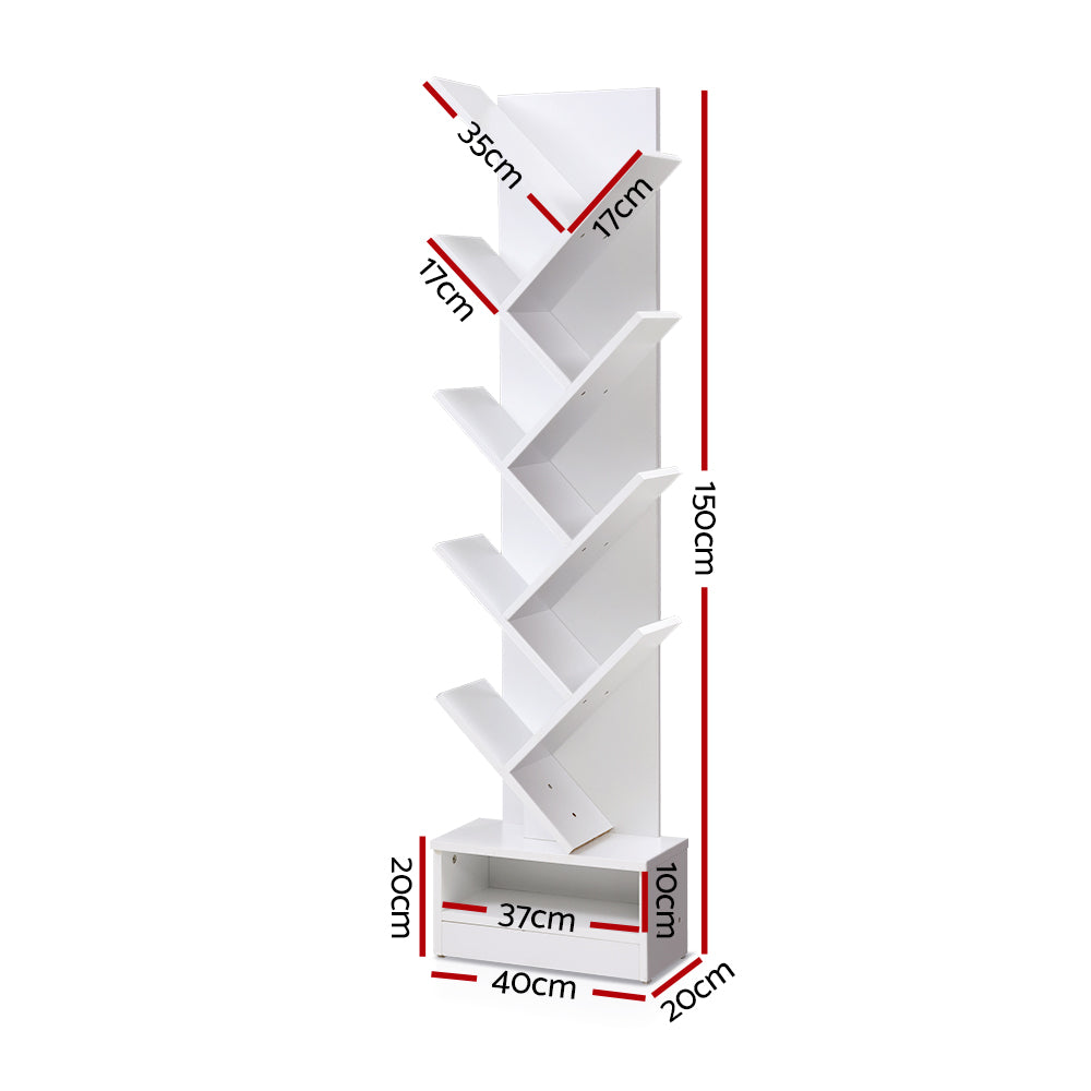 White 9-tier tree bookcase dimensions: 150 cm tall, 40 cm wide, 20 cm deep, shelves 35 cm wide; bottom compartment 37 cm
