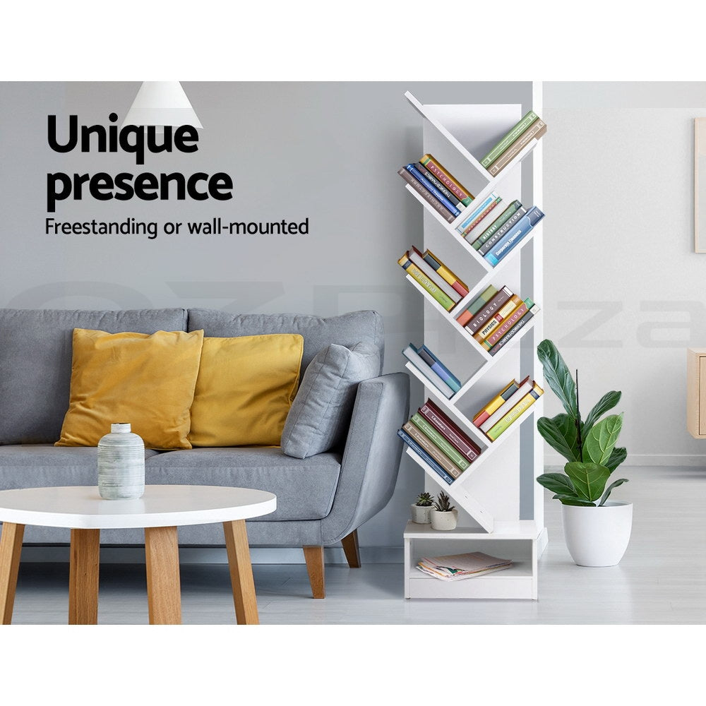 White 9-tier tree bookcase in living room with grey sofa; text reads Unique presence, freestanding or wall-mounted