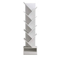 White 9-tier tree bookcase with diagonal chevron shelves and bottom compartment, empty, front view on white background