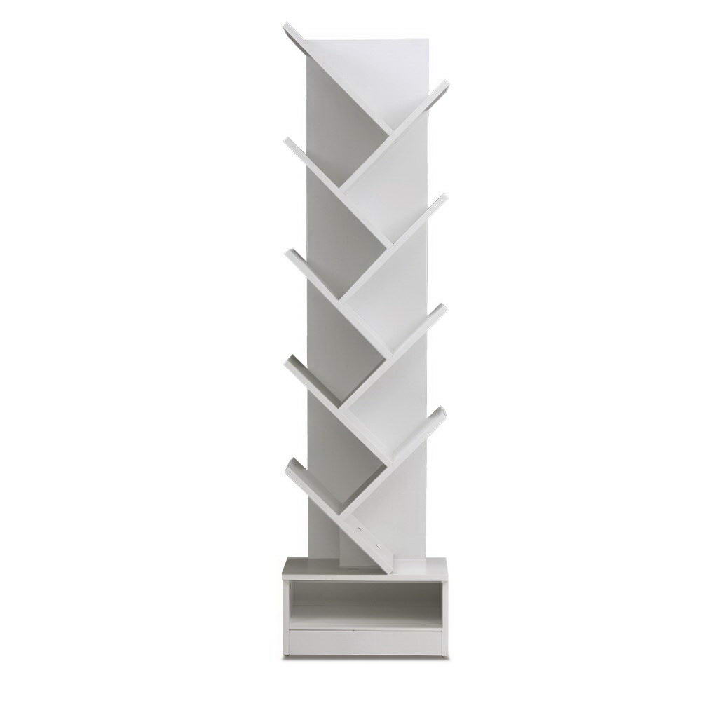 White 9-tier tree bookcase with diagonal chevron shelves and bottom compartment, empty, front view on white background