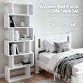 White wooden bed frame and zigzag bookshelf bedroom set with text Comfortable Durable Eco-Friendly on textured wall background