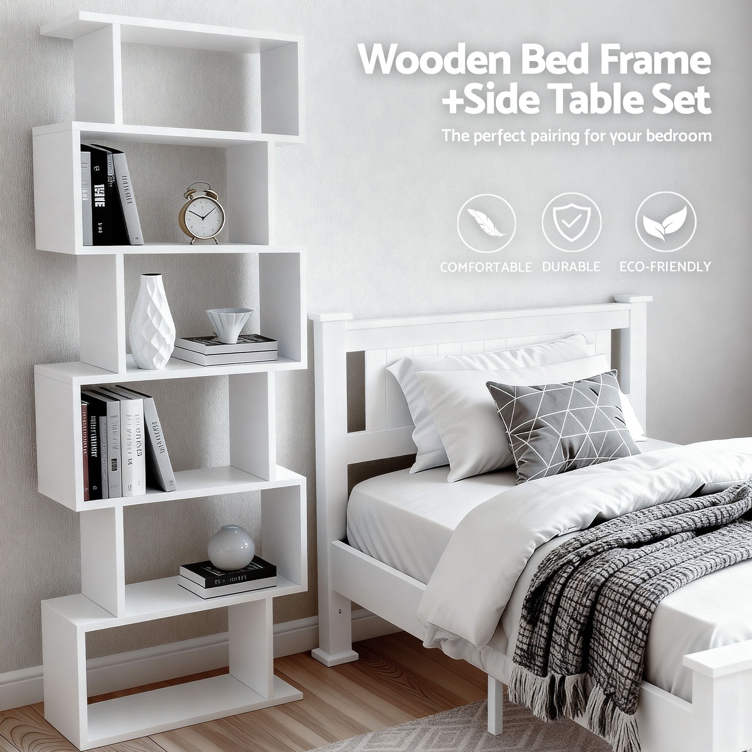 White wooden bed frame and zigzag bookshelf bedroom set with text Comfortable Durable Eco-Friendly on textured wall background