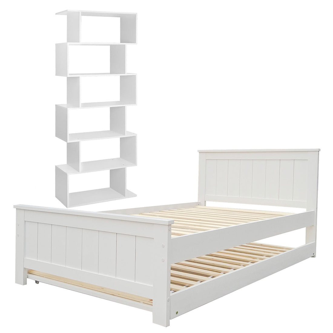 White king single bed with trundle pulled out showing timber slats, alongside white stair-step bookshelf
