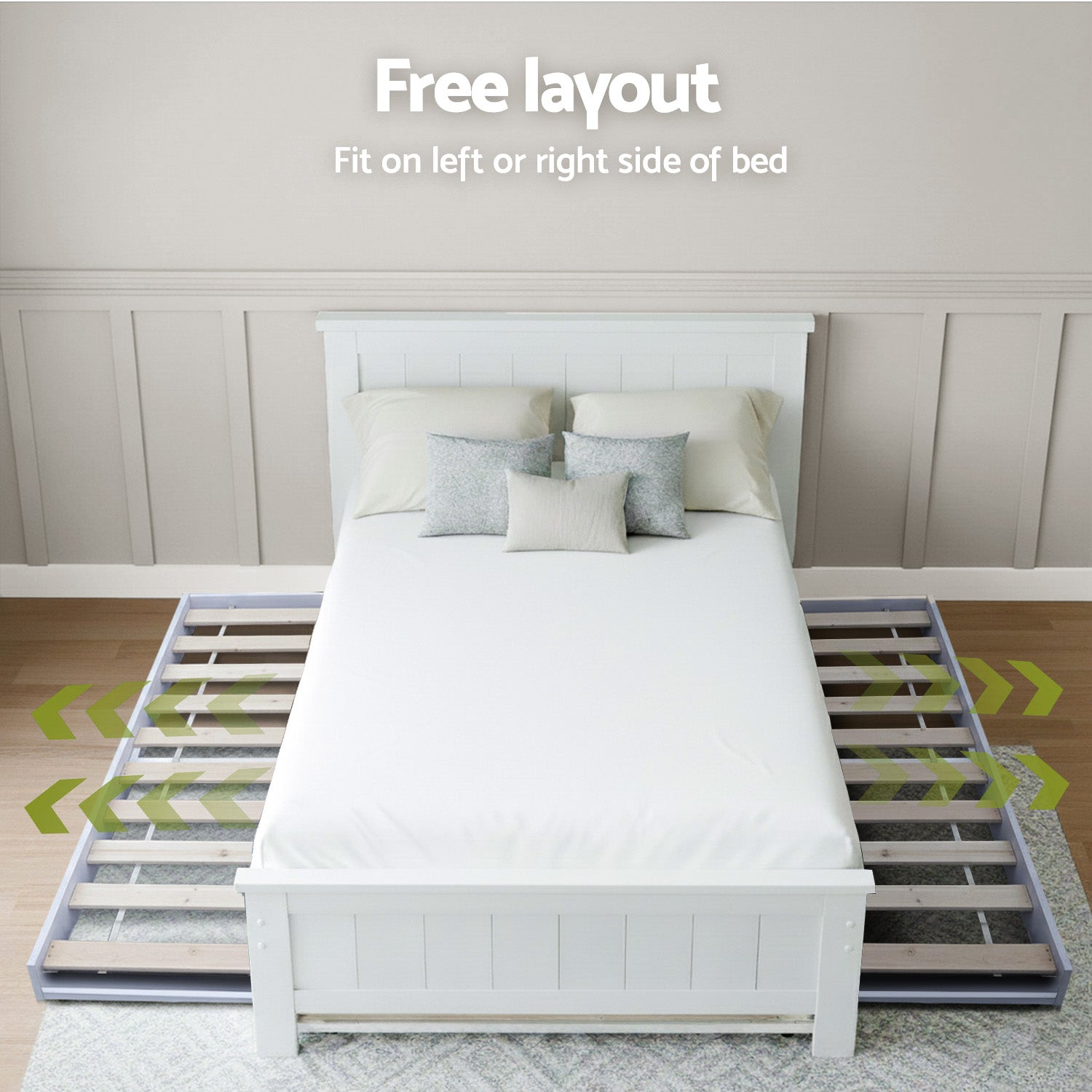 White bed with extendable trundle showing free layout feature, text reads Fit on left or right side of bed