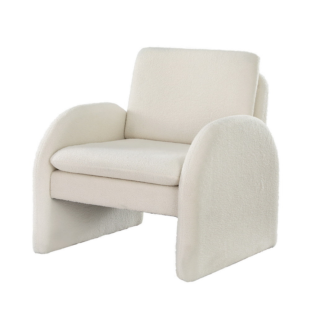 White boucle armchair with curved arch armrests forming floor supports, three-quarter front view, white background
