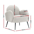 White boucle armchair dimensions: 74cm tall, 70cm wide, 64cm deep, seat 58cm wide, 47cm deep, 48cm seat height