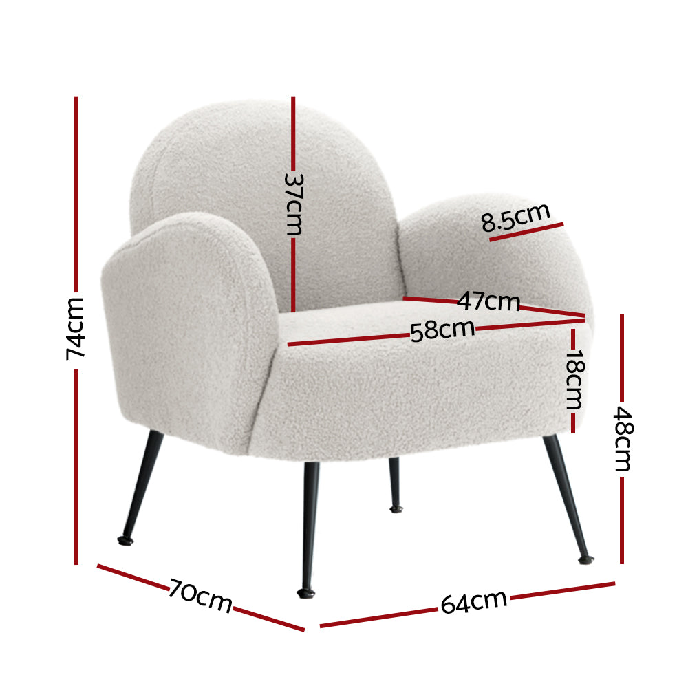 White boucle armchair dimensions: 74cm tall, 70cm wide, 64cm deep, seat 58cm wide, 47cm deep, 48cm seat height