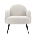 White boucle armchair with rounded arch back, curved armrests, and black metal legs, front view on white background