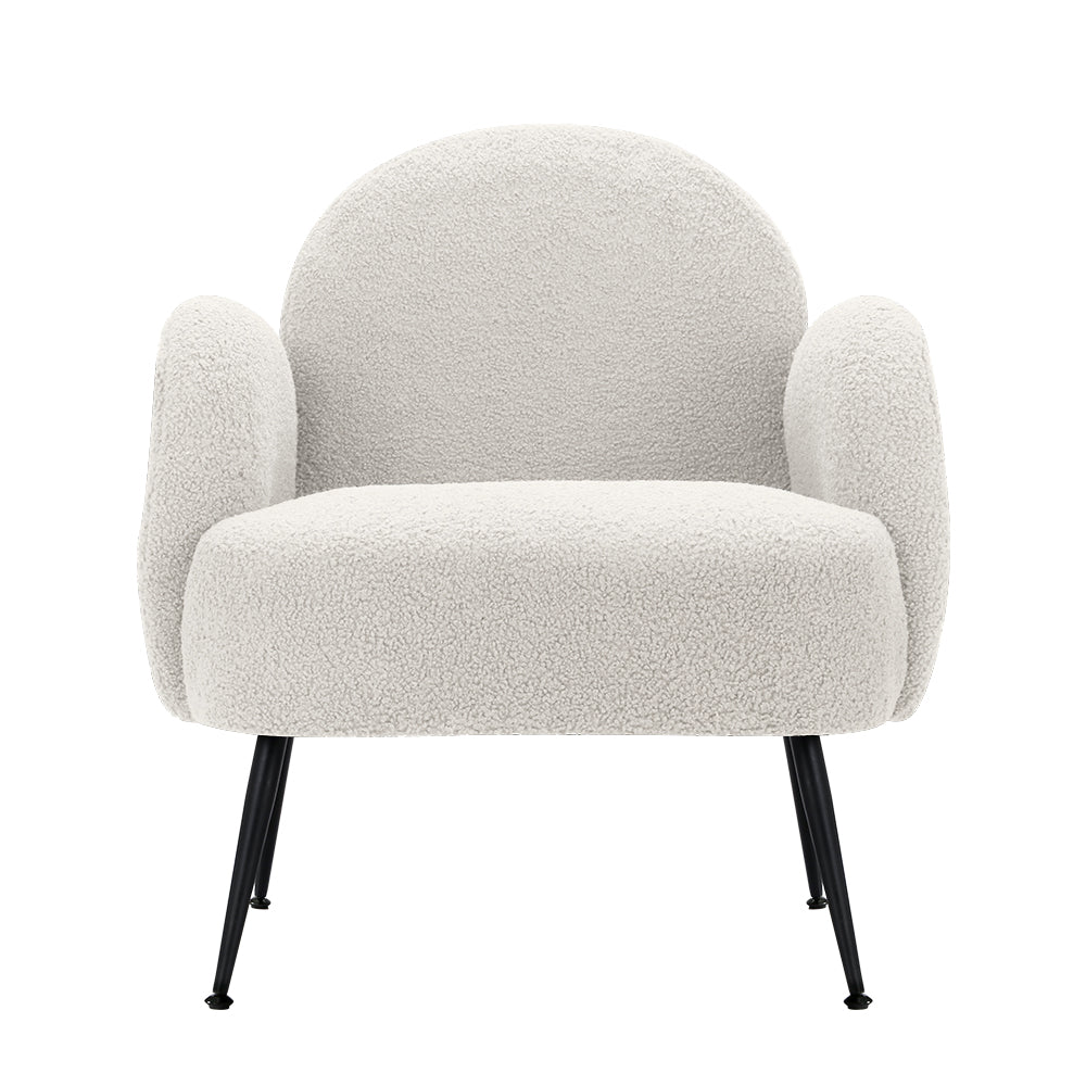 White boucle armchair with rounded arch back, curved armrests, and black metal legs, front view on white background