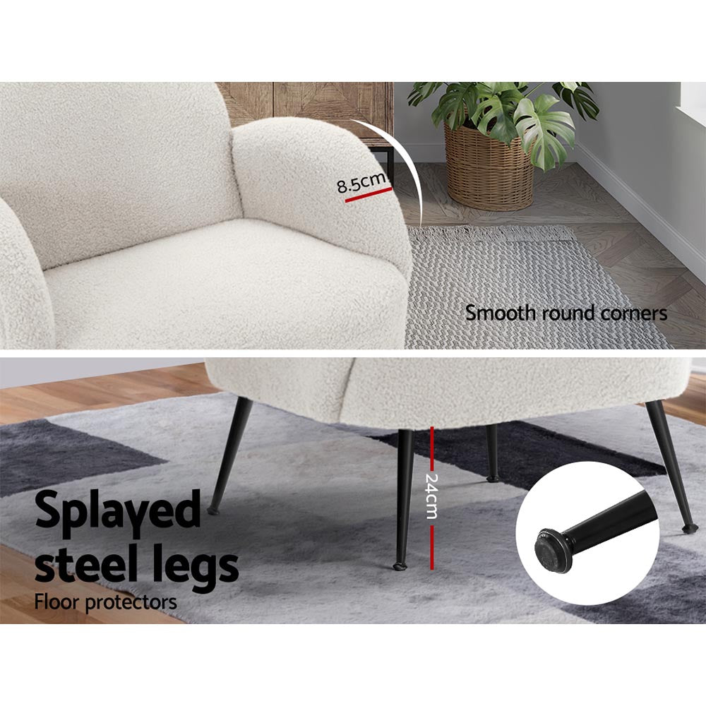 White boucle armchair detail: "Smooth round corners" 8.5cm armrest and "Splayed steel legs" 24cm with floor protector