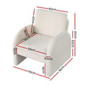 White boucle arch armchair dimension diagram: 87cm tall, 75cm wide, 76cm deep, seat 59cm wide, 62cm back height