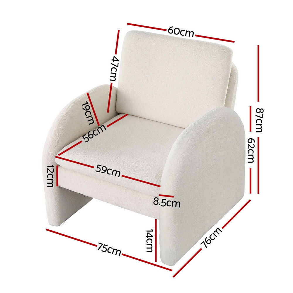 White boucle arch armchair dimension diagram: 87cm tall, 75cm wide, 76cm deep, seat 59cm wide, 62cm back height