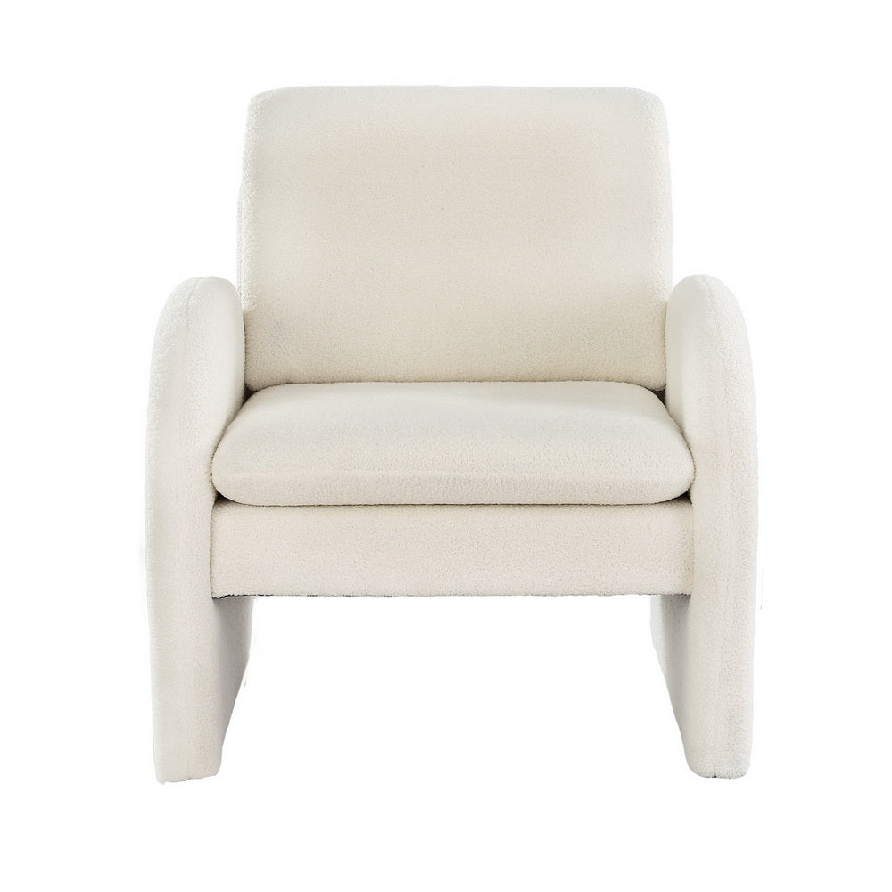 White boucle fabric armchair with arch-shaped curved armrests, direct front view on white background