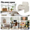 White boucle armchair shown in four settings: living room, bedroom, office, and kids room with 