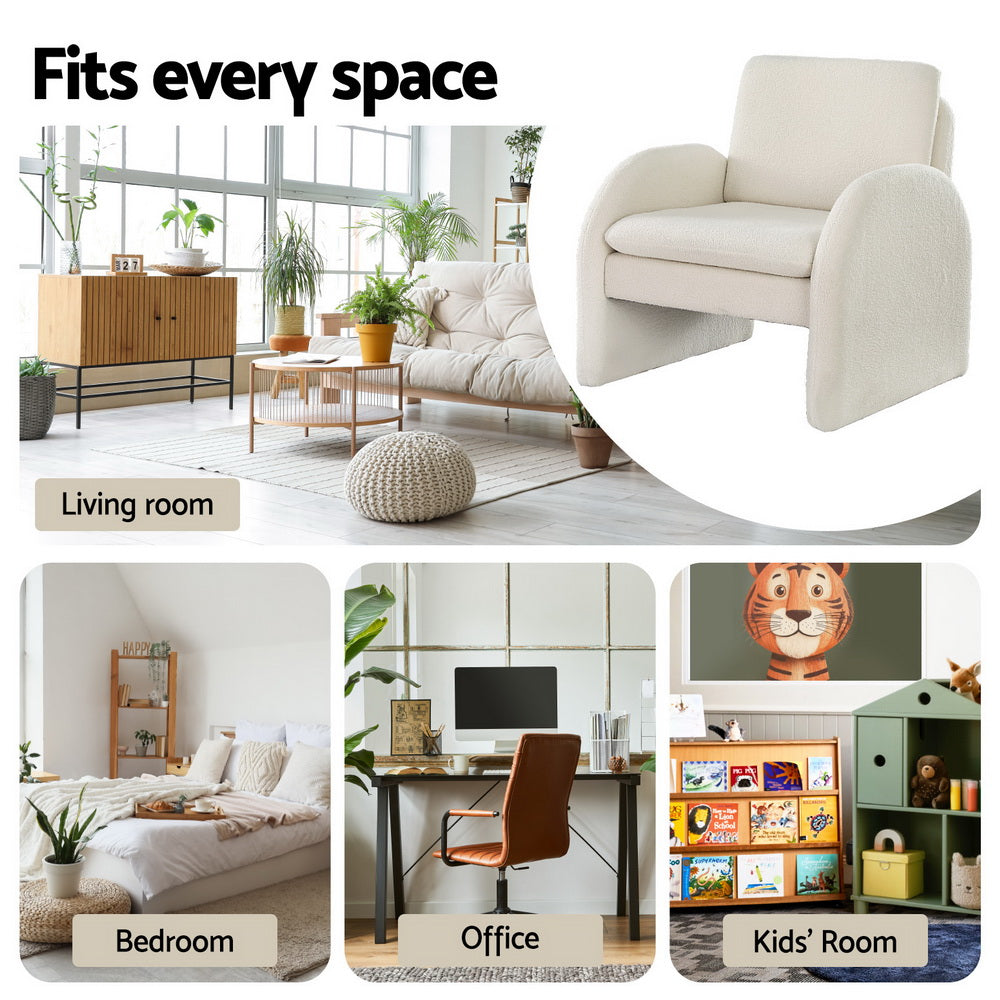 White boucle armchair shown in four settings: living room, bedroom, office, and kids room with "Fits every space" text