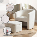 White boucle barrel chair and ottoman in room, detail callouts: Wide curved back, Sherpa fleece, Thick seat cushion 15cm