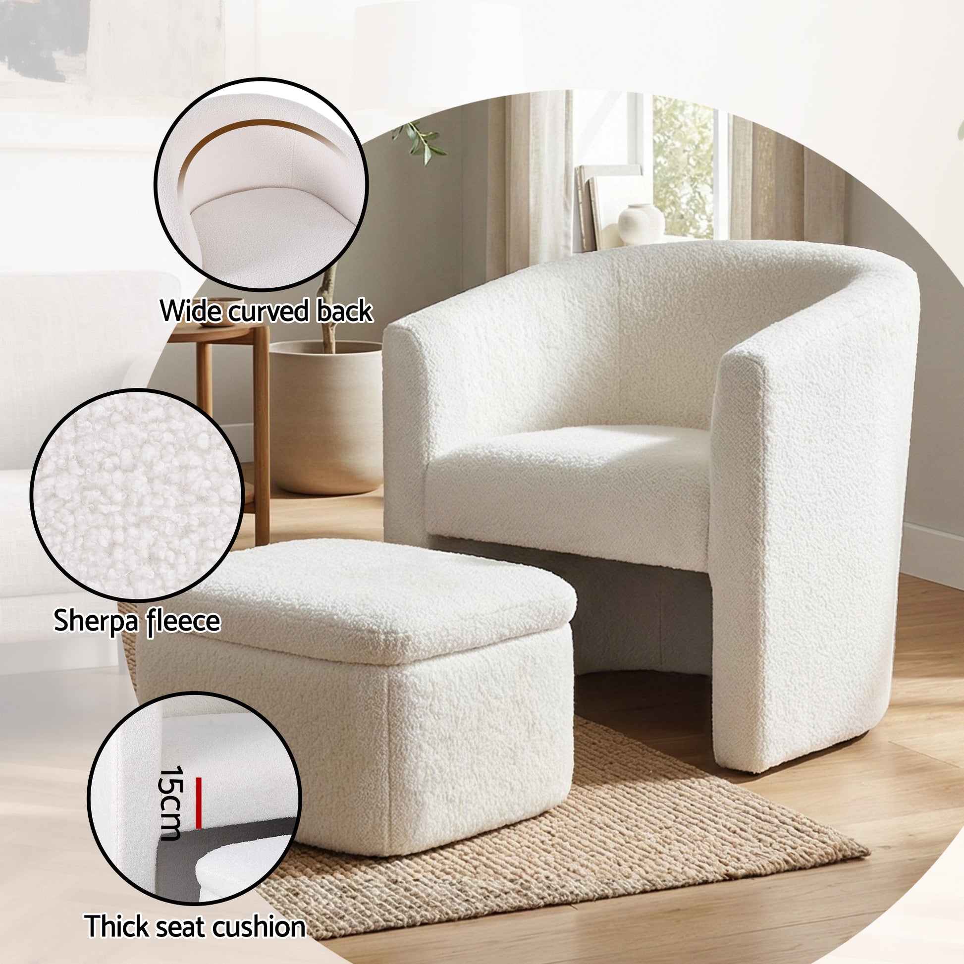 White boucle barrel chair and ottoman in room, detail callouts: Wide curved back, Sherpa fleece, Thick seat cushion 15cm