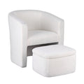 White boucle barrel accent chair with matching storage ottoman, three-quarter angle view on white background