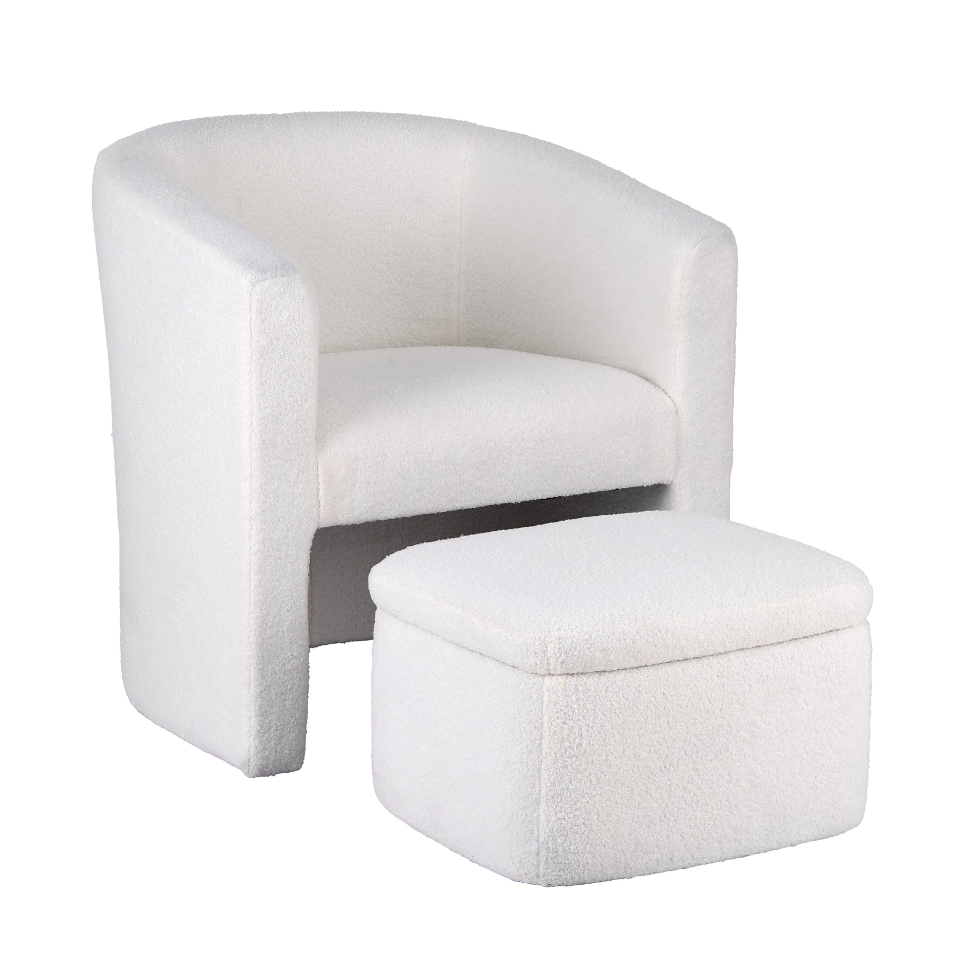White boucle barrel accent chair with matching storage ottoman, three-quarter angle view on white background
