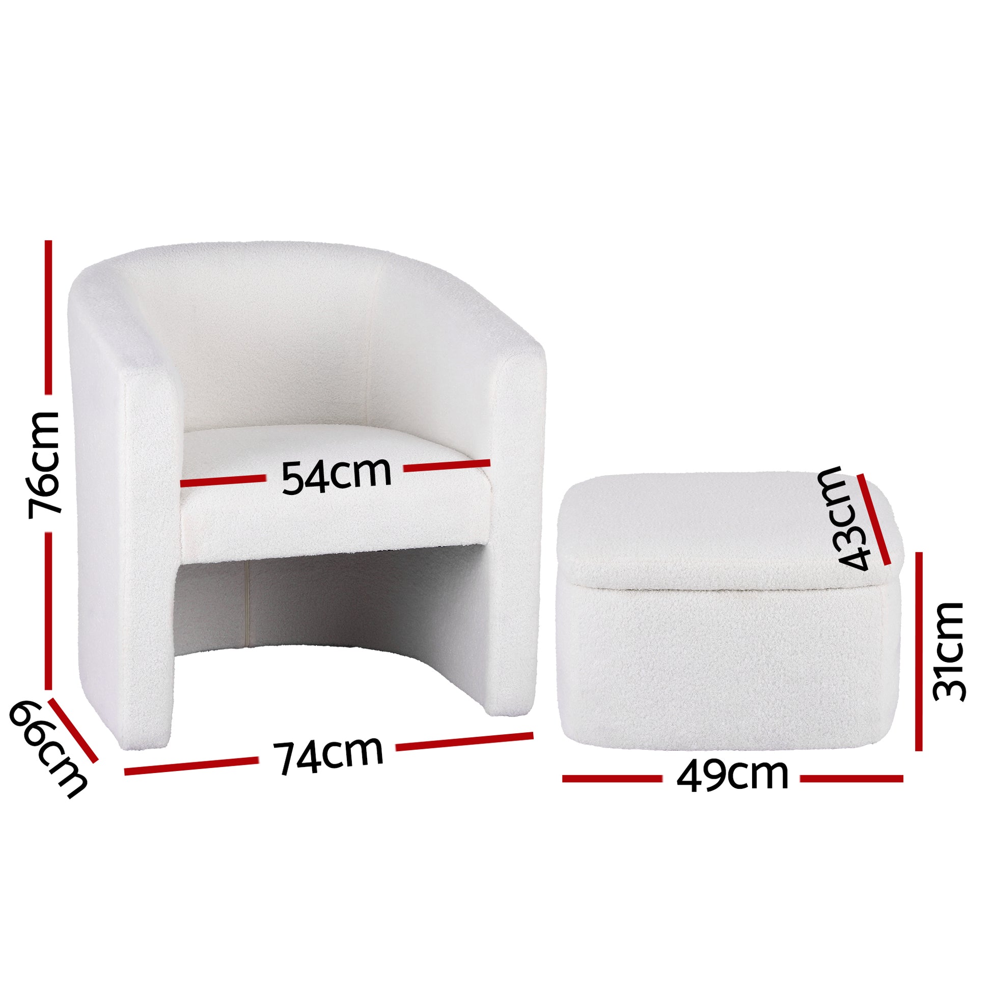 Dimensions of white boucle barrel chair and ottoman: chair 76H 74W 66D cm seat 54cm wide, ottoman 43W 49L 31H cm