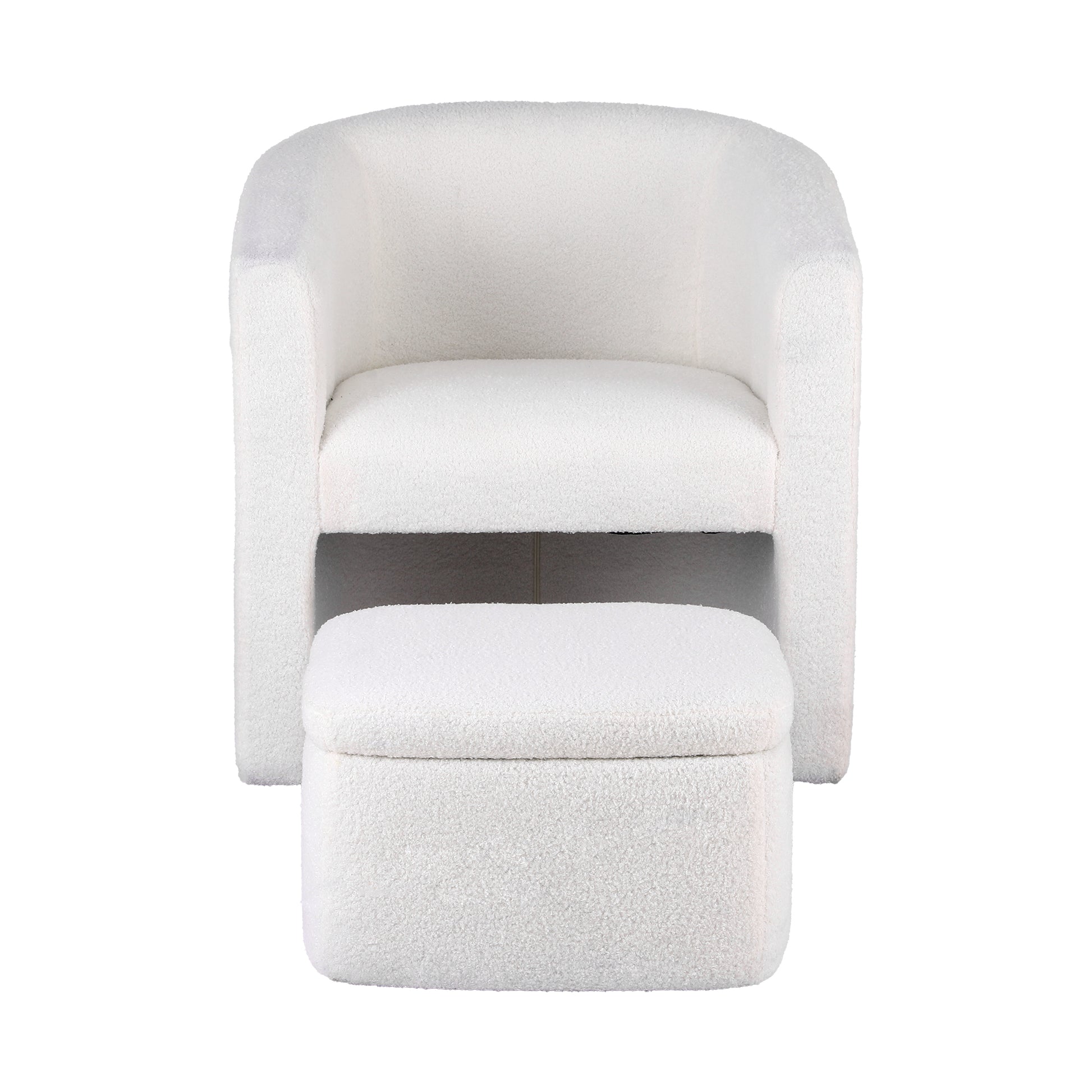 White boucle barrel accent chair with matching square ottoman, front view on white background