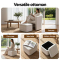 White boucle barrel chair and ottoman, text: Versatile ottoman, uses: Footrest, Extra seat, Side table, Hidden storage